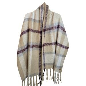 Calvin Klein Purple Tan Plaid Fuzzy Chunky‎ Fringe Shawl Wrap Scarf 82" Long